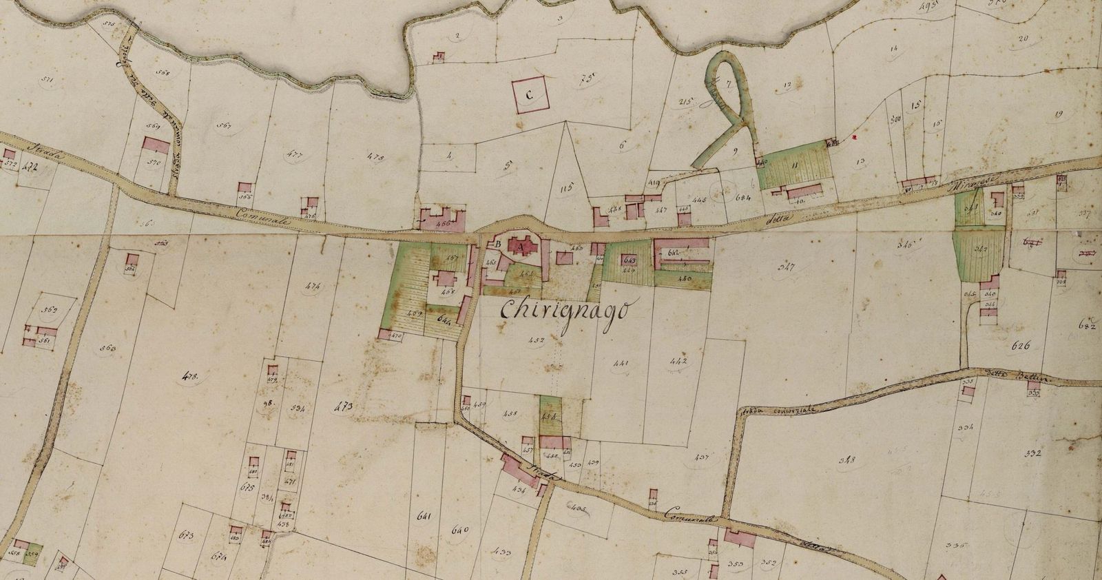 Handgezeichnete österreichische Katasterkarte aus dem 19. Jahrhundert mit nummerierten Parzellen und rot markierten Häusern (Chirignago bei Venedig, 1841)