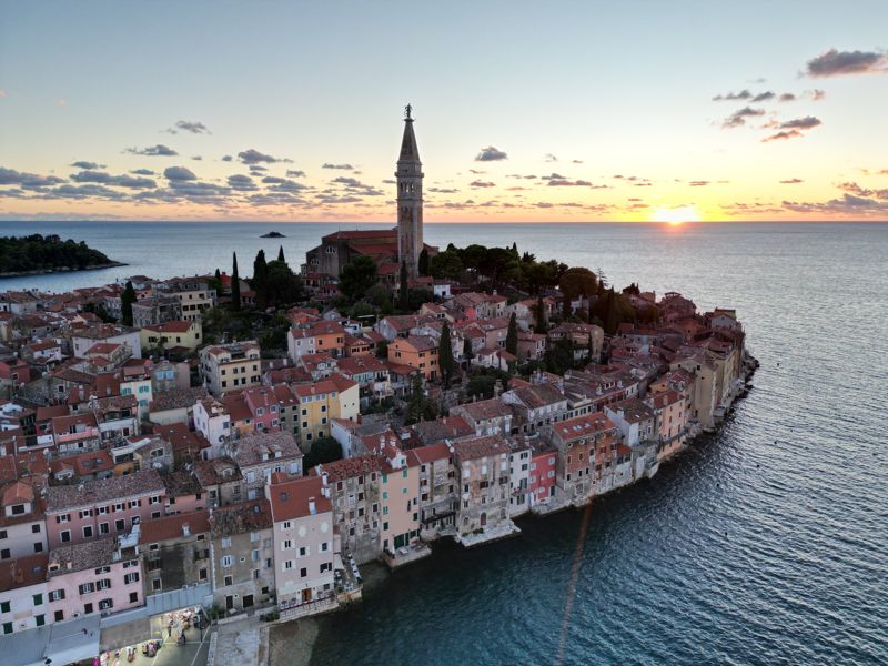 Aerial view of Rovinj old town on its peninsula at sunset