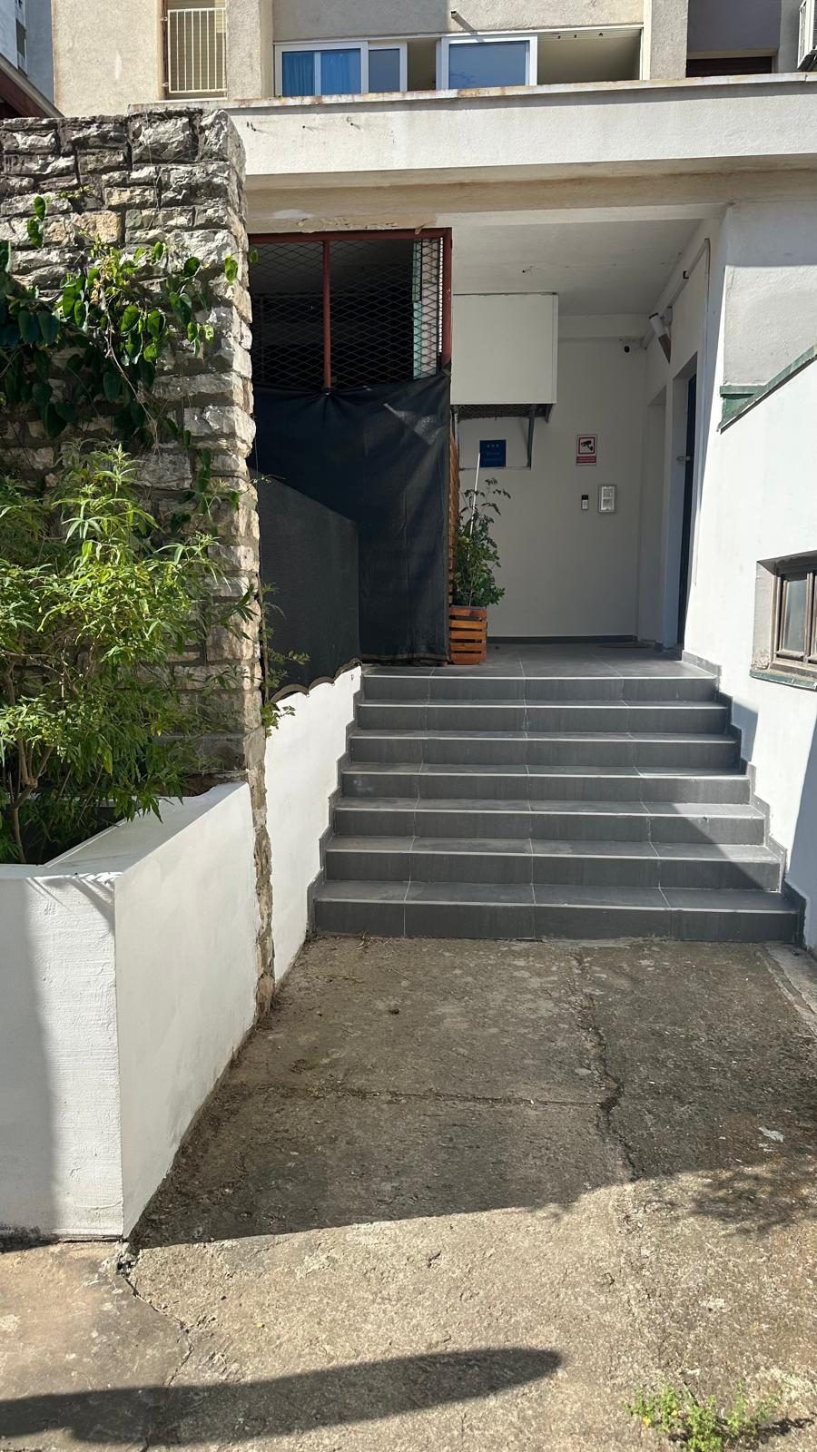 Renovated concrete entrance steps with a low white wall and plants beside a house